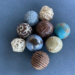 Decorative Orbs & Balls | Set of 9 | Ceramic & Wood | Blue/Brown/Cream